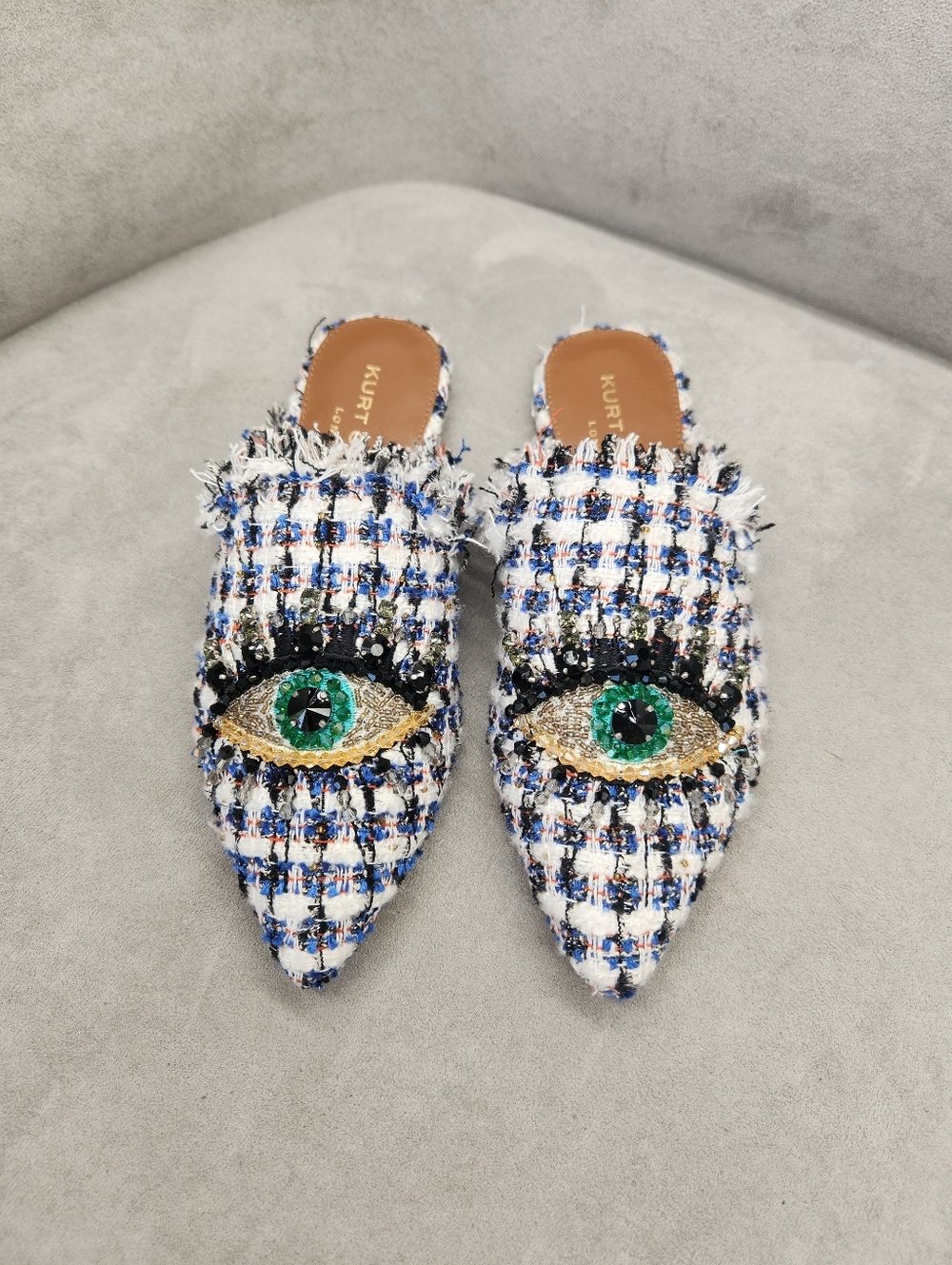 Kurt Geiger Mules 5 Blue White Tweed Plaid Olive Eye Fray Beaded Pointy New $195